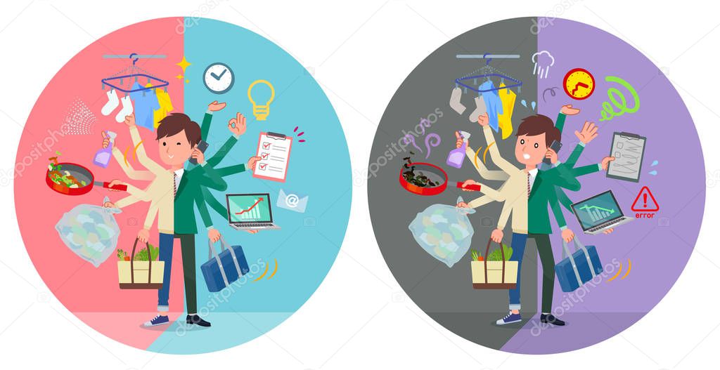 A set of school boy who perform multitasking in offices and private.There are things to do smoothly and a pattern that is in a panic.It's vector art so it's easy to edit.