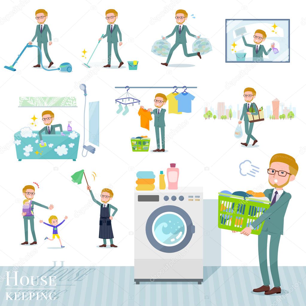 A set of businessman related to housekeeping such as cleaning and laundry.There are various actions such as child rearing.It's vector art so it's easy to edit.