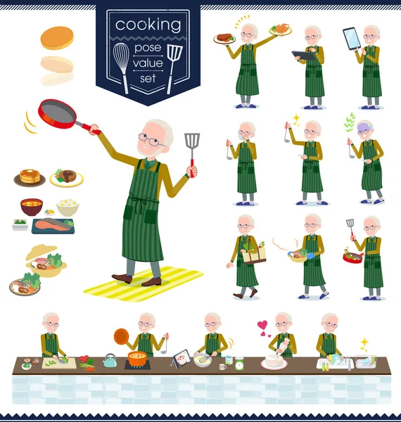 Insieme Vecchio Uomo Sulla Cucina Sono Azioni Che Stanno Cucinando — Vettoriale Stock