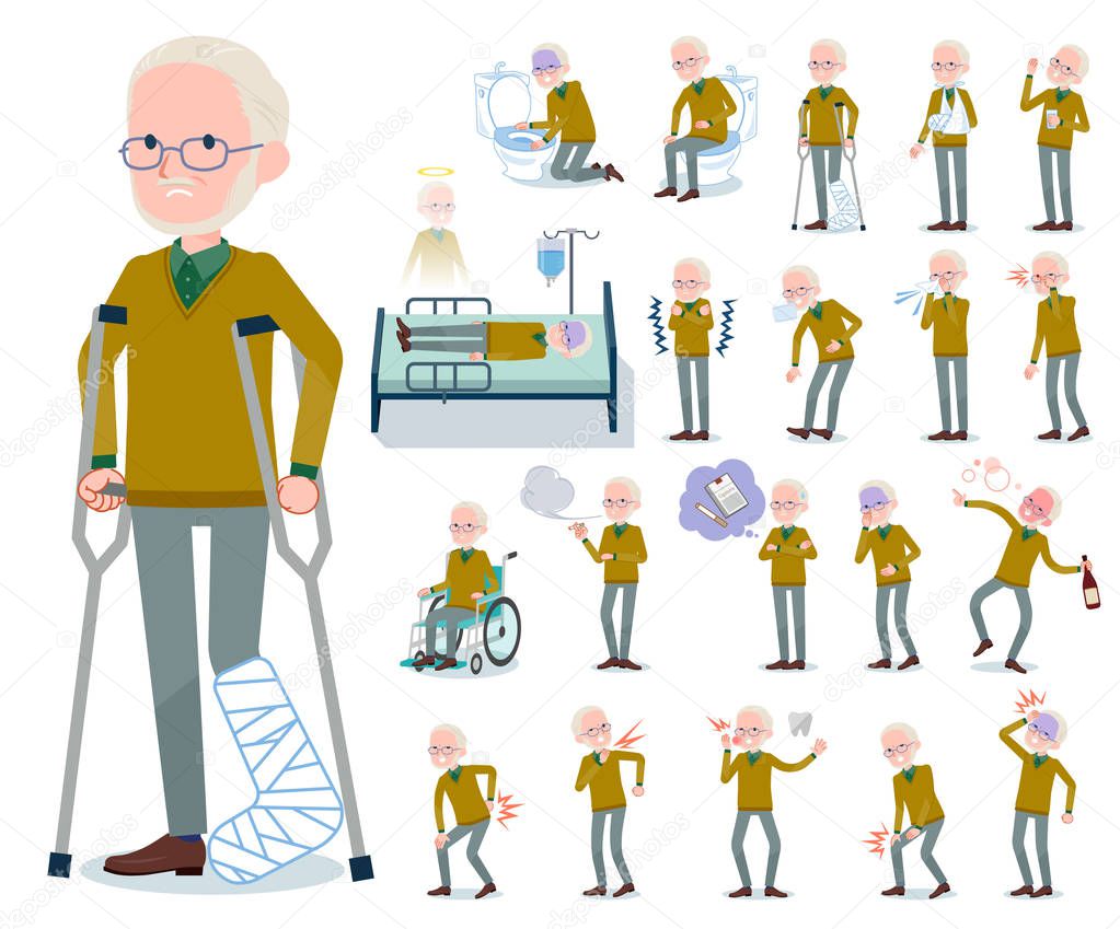 A set of old man with injury and illness.There are actions that express dependence and death.It's vector art so it's easy to edit.