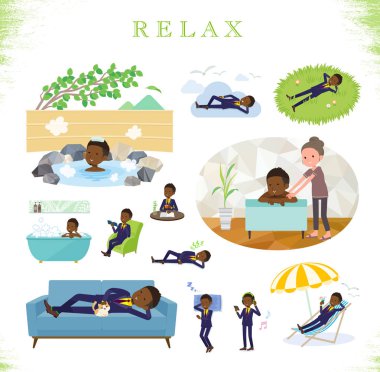 Bir dizi rahatlatıcı hakkında Afrika kökenli Amerikalı iş adamı. Tatil ve stres kabartma gibi eylemler vardır. Böylece düzenlemek kolaydır vektör sanat değil.
