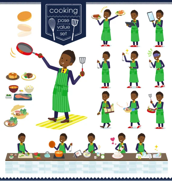 Bir Dizi Yemek Hakkında Afrika Kökenli Amerikalı Adamı Mutfakta Çeşitli — Stok Vektör