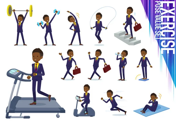 Set African American Businessman Exercise Sports Various Actions Move Body — Stock Vector