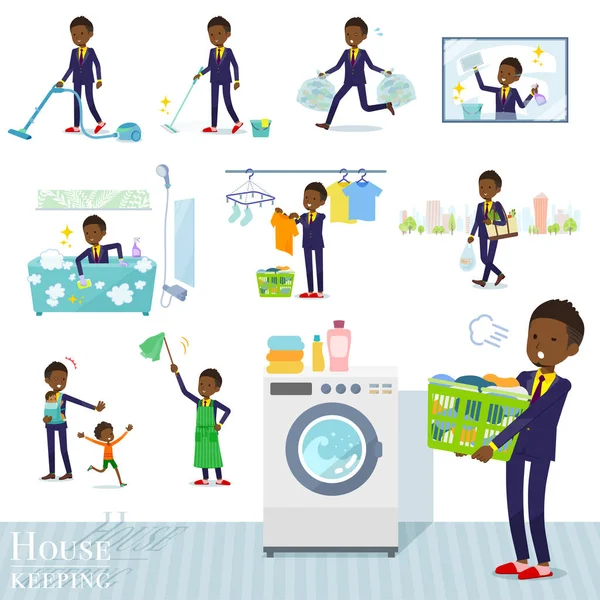 一套非洲裔美国商人与清洁和洗衣等家务有关 有各种行动 如抚养子女 它是矢量艺术 所以很容易编辑 — 图库矢量图片