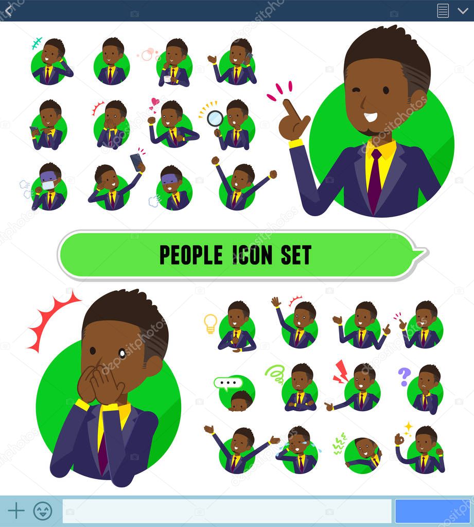 A set of African American businessman with expresses various emotions on the SNS screen.There are variations of emotions such as joy and sadness.It's vector art so it's easy to edit.