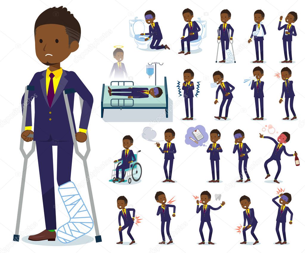 A set of African American businessman with injury and illness.There are actions that express dependence and death.It's vector art so it's easy to edit.