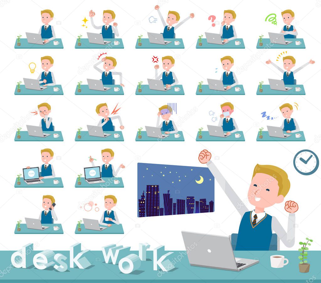 A set of school boy on desk work.There are various actions such as feelings and fatigue.It's vector art so it's easy to edit.