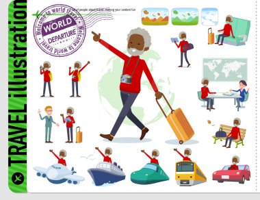 Yaşlı adam seyahat kümesi. Tekneler ve uçaklar gibi araçlar da vardır. Böylece düzenlemek kolaydır vektör sanat değil.