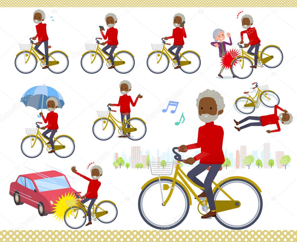 A set of old man riding a city cycle.There are actions on manners and troubles.It's vector art so it's easy to edit.