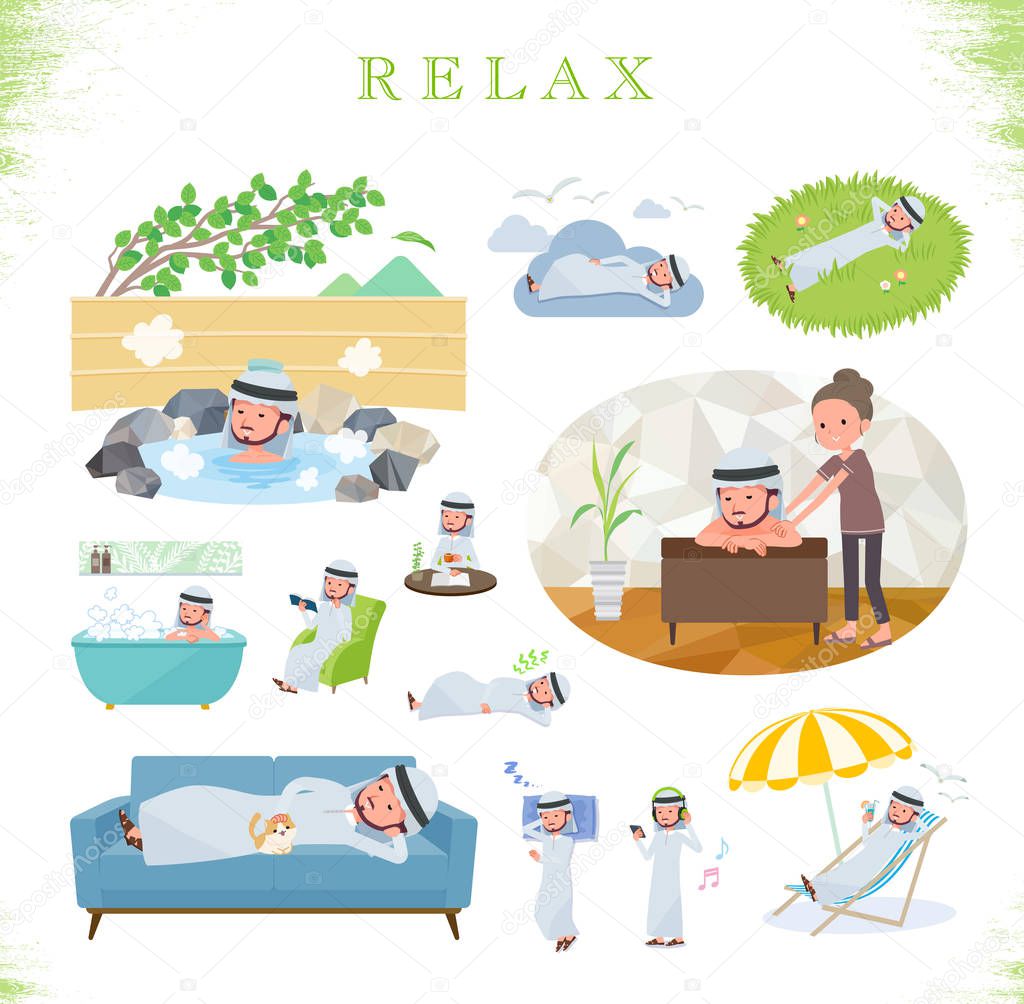 A set of Arabian man about relaxing.There are actions such as vacation and stress relief.It's vector art so it's easy to edit.