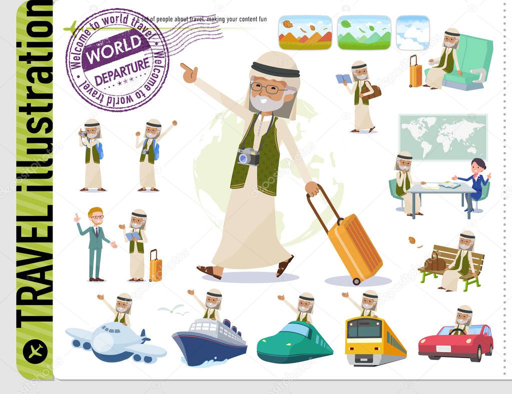 A set of Arabian old man on travel.There are also vehicles such as boats and airplanes.It's vector art so it's easy to edit.