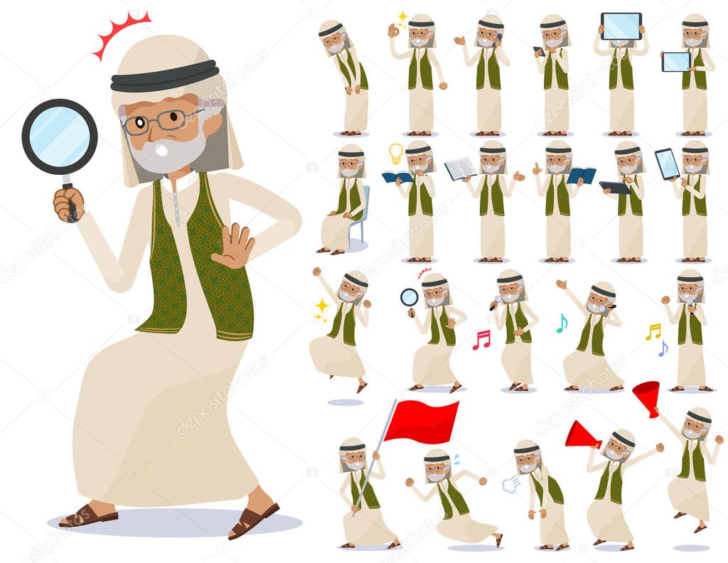A set of Arabian old man with digital equipment such as smartphones.There are actions that express emotions.It's vector art so it's easy to edit.