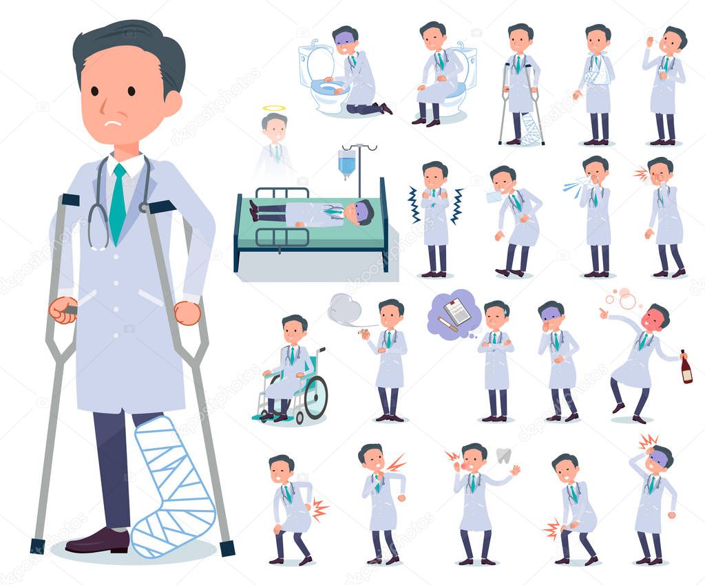 A set of doctor man with injury and illness.There are actions that express dependence and death.It's vector art so it's easy to edit.