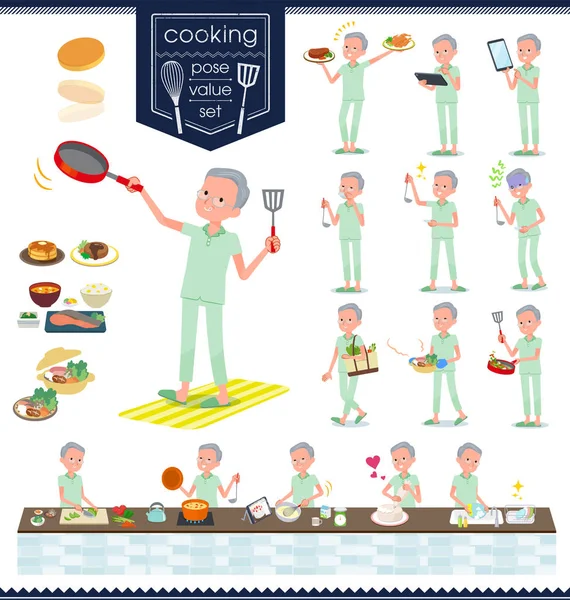 Bir Dizi Yemek Hakkında Hasta Yaşlı Adam Mutfakta Çeşitli Şekillerde — Stok Vektör