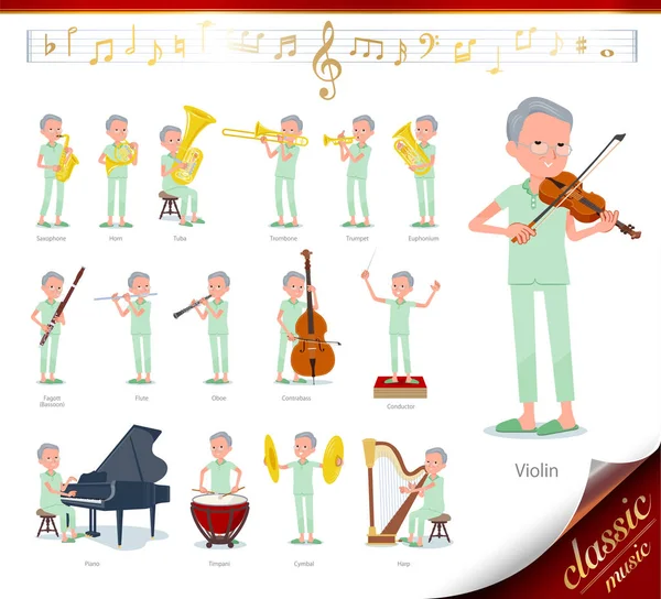 Set Patient Old Man Classical Music Performances Actions Play Various — Stock Vector