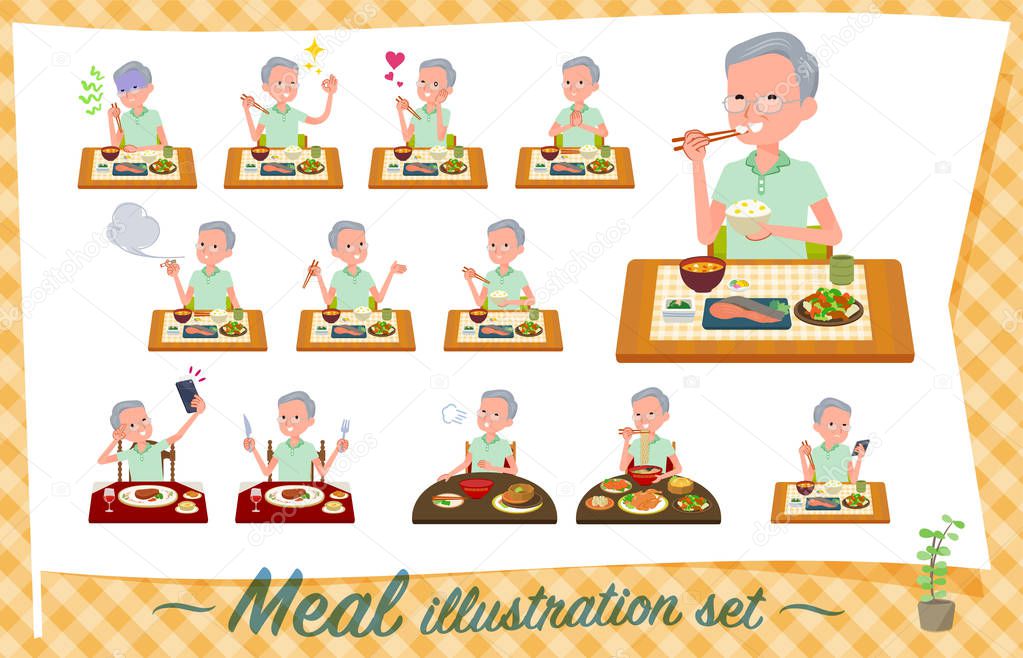 A set of patient old man about meals.Japanese and Chinese cuisine, Western style dishes and so on.It's vector art so it's easy to edit.