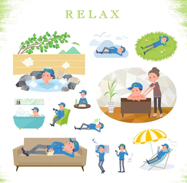 Set Delivery Man Relaxing Actions Vacation Stress Relief Vector Art — стоковый вектор