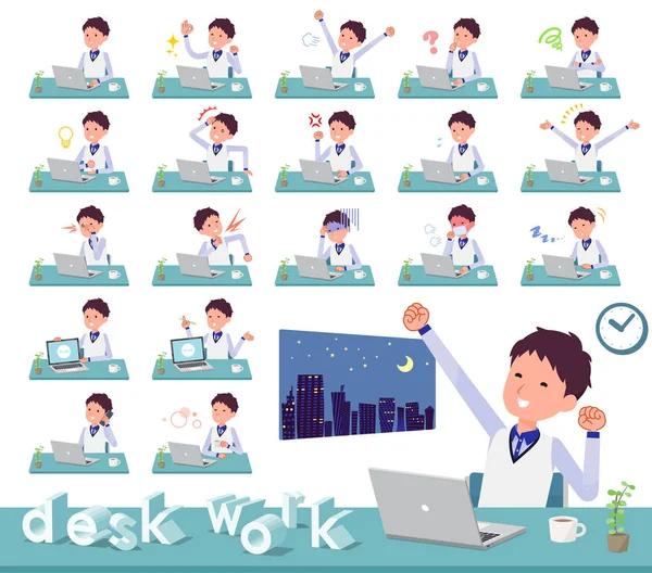Set Store Stuff Man Desk Work Various Actions Feelings Fatigue — Stock Vector
