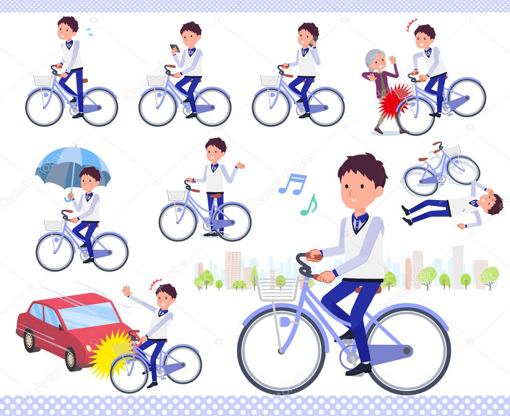 A set of Store stuff man riding a city cycle.There are actions on manners and troubles.It's vector art so it's easy to edit.