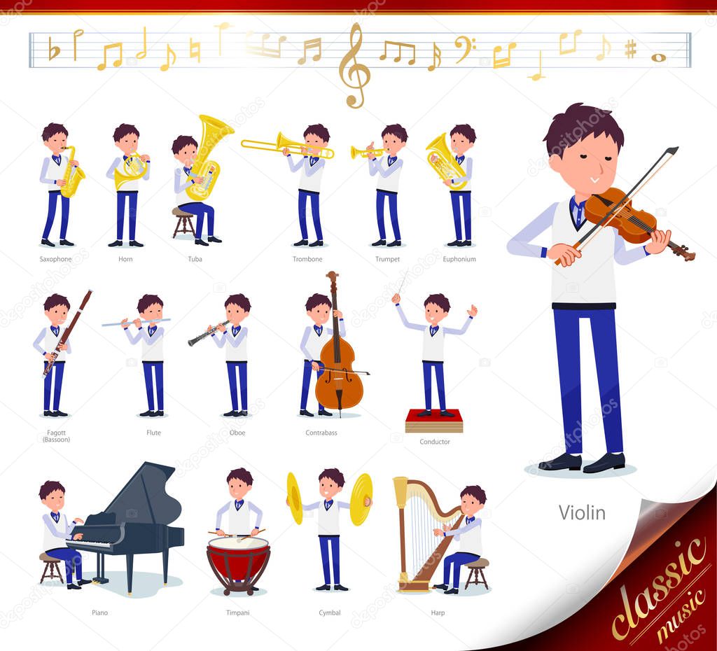A set of Store stuff man on classical music performances.There are actions to play various instruments such as string instruments and wind instruments.It's vector art so it's easy to edit.