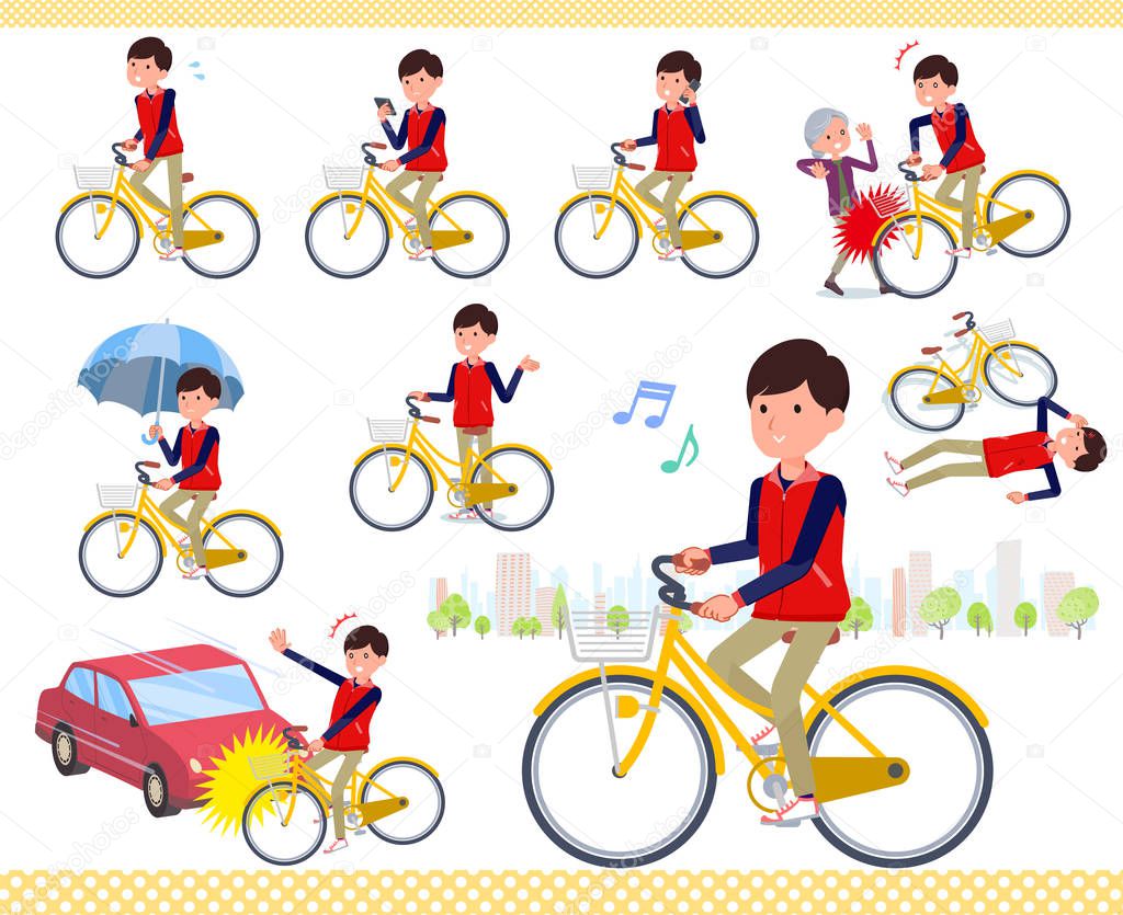 A set of Store stuff man riding a city cycle.There are actions on manners and troubles.It's vector art so it's easy to edit.
