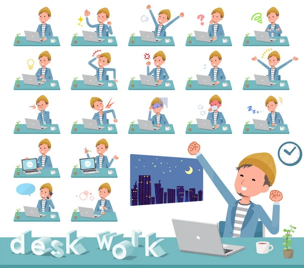 Set Young Man Desk Work Various Actions Feelings Fatigue Vector — стоковый вектор