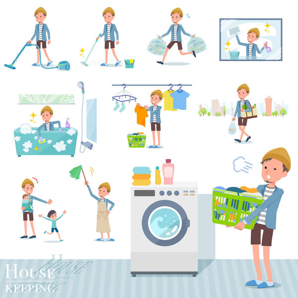 A set of young man related to housekeeping such as cleaning and laundry.There are various actions such as child rearing.It's vector art so it's easy to edit.