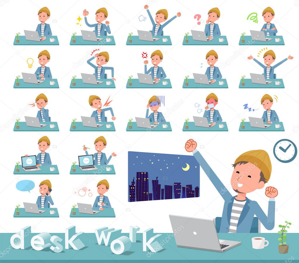 A set of young man on desk work.There are various actions such as feelings and fatigue.It's vector art so it's easy to edit.