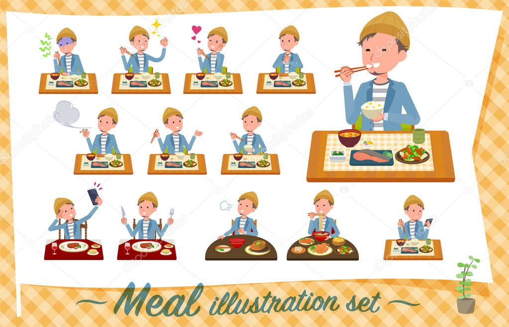 A set of young man about meals.Japanese and Chinese cuisine, Western style dishes and so on.It's vector art so it's easy to edit.