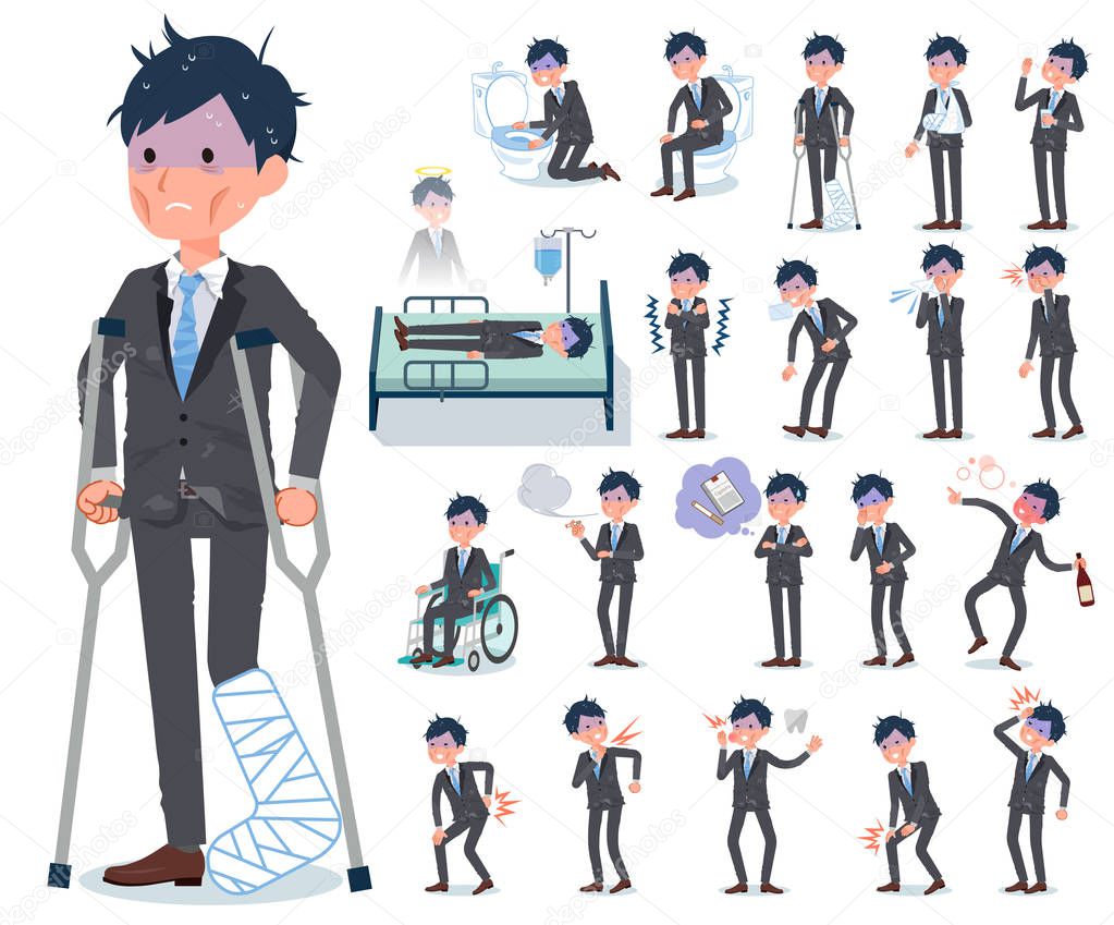A set of bad condition businessman with injury and illness.There are actions that express dependence and death.It's vector art so it's easy to edit.