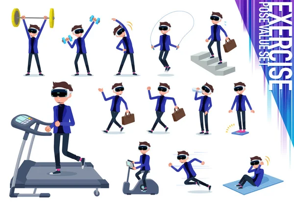 Set Men Wearing Virtual Reality Goggles Exercise Sports Various Actions — Stock Vector