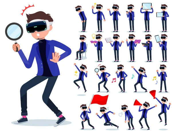 Set Men Wearing Virtual Reality Goggles Digital Equipment Smartphones Actions — стоковый вектор