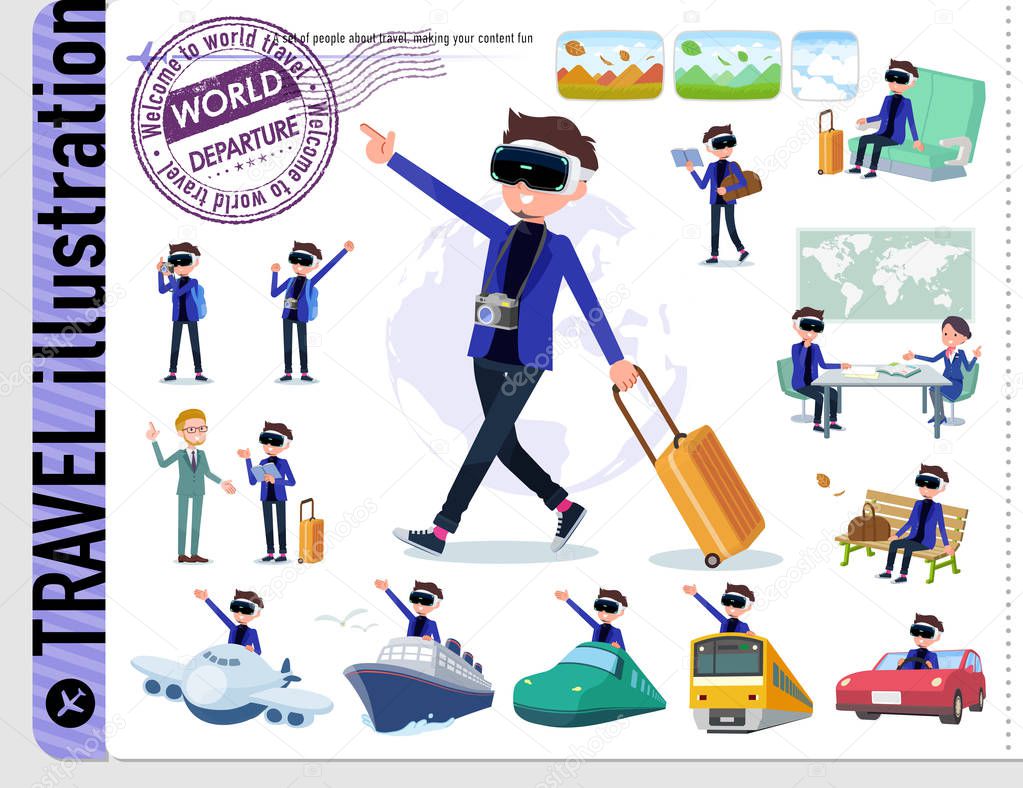 A set of men wearing virtual reality goggles on travel.There are also vehicles such as boats and airplanes.It's vector art.