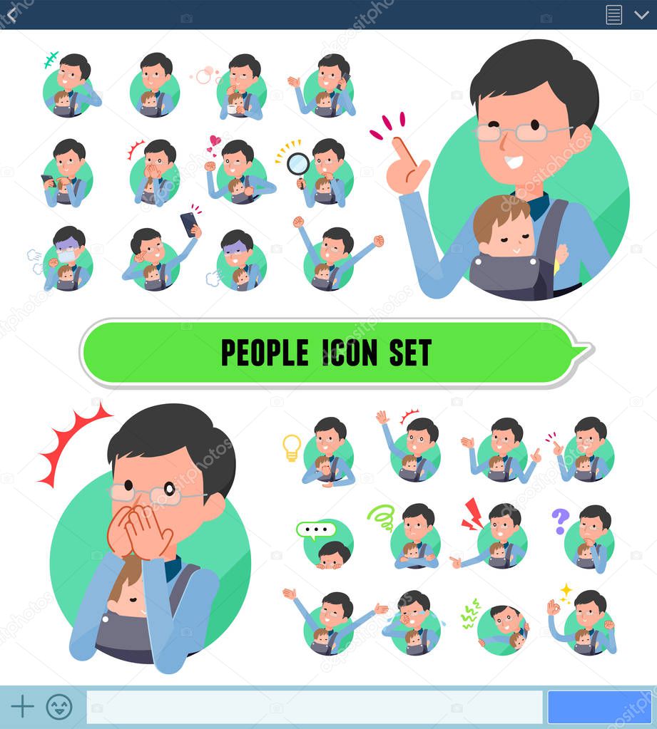 A set of man holding a baby with expresses various emotions on the SNS screen.There are variations of emotions such as joy and sadness.It's vector art so it's easy to edit.