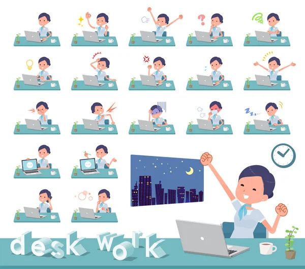 一组在办公桌上工作的女商人 有各种行为 如感情和疲劳 它是矢量艺术 所以很容易编辑 — 图库矢量图片