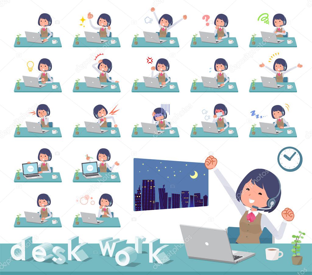 A set of women on desk work.There are various actions such as feelings and fatigue.It's vector art so it's easy to edit.