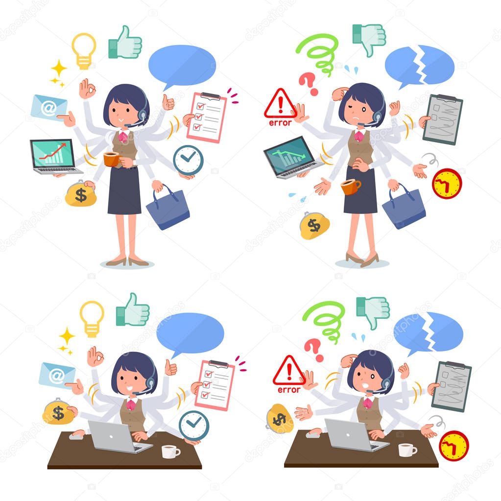 A set of women who perform multitasking in the office.There are things to do smoothly and a pattern that is in a panic.It's vector art so it's easy to edit.