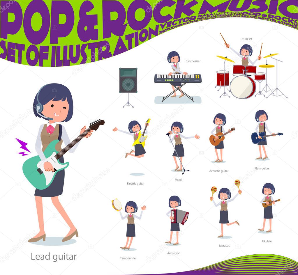 A set of women playing rock 'n' roll and pop music.There are also various instruments such as ukulele and tambourine.It's vector art so it's easy to edit.