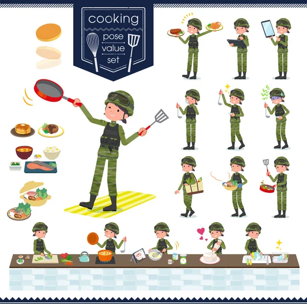 Ordu Kadın Yemek Hakkında Bir Dizi Mutfakta Çeşitli Şekillerde Yemek — Stok Vektör
