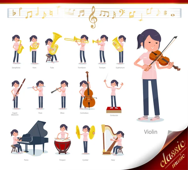 Set Chiropractor Women Classical Music Performances Actions Play Various Instruments — Stock Vector