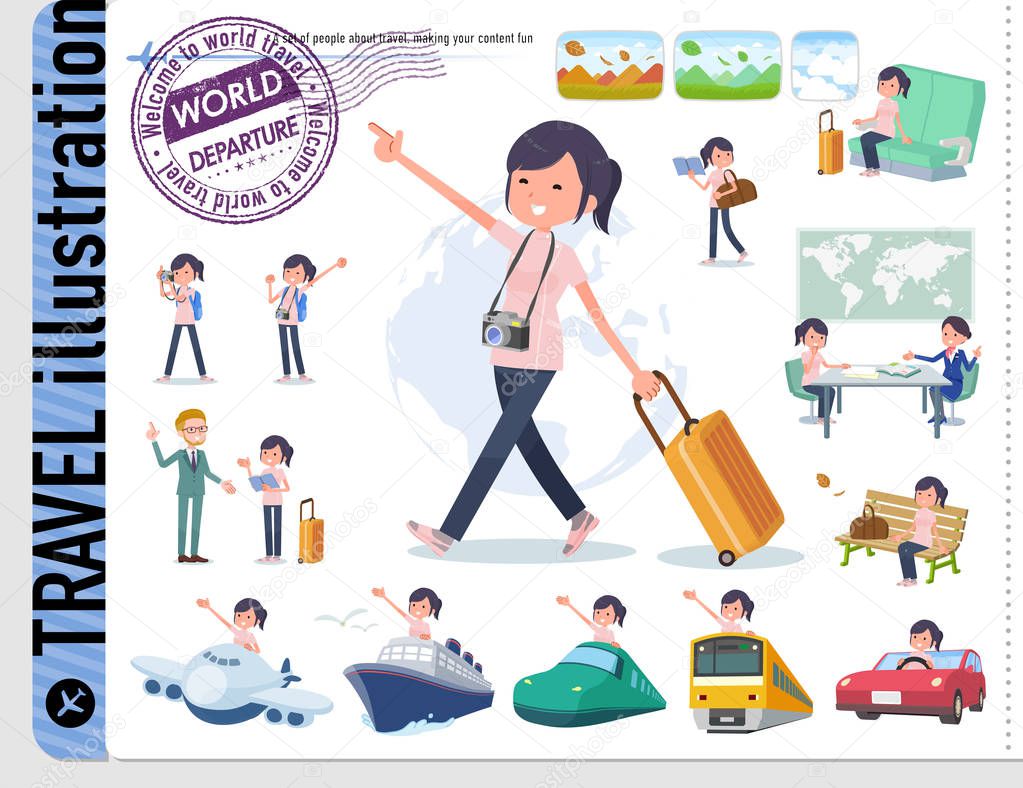 A set of chiropractor women on travel.There are also vehicles such as boats and airplanes.It's vector art so it's easy to edit.