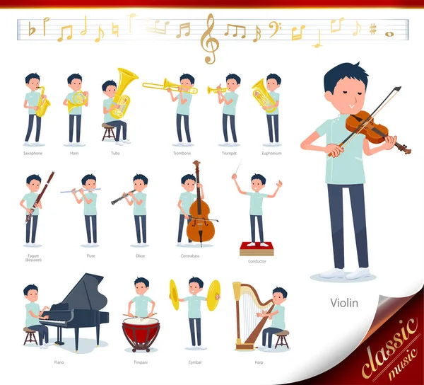 Set Chiropractor Man Classical Music Performances Actions Play Various Instruments — Stock Vector