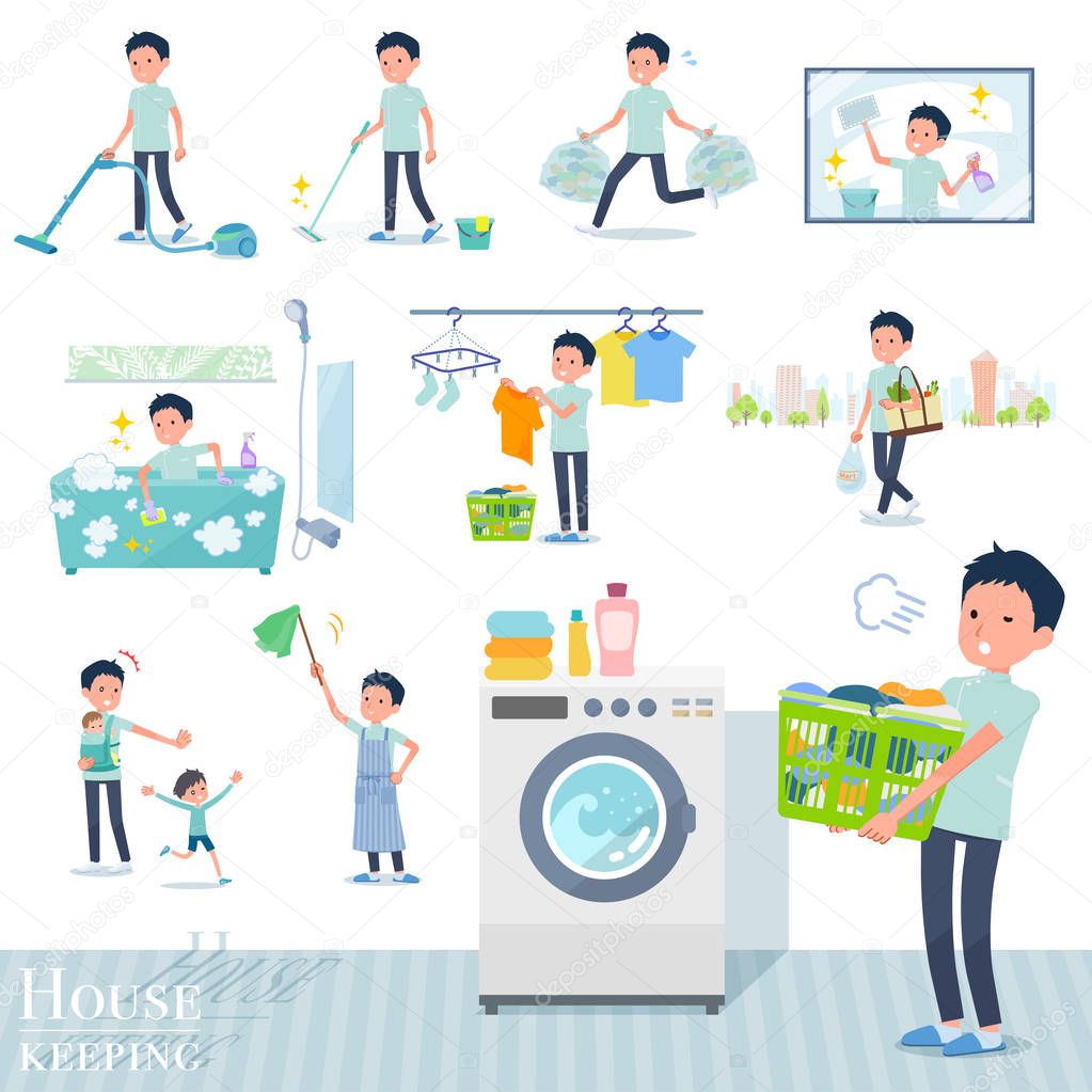 A set of chiropractor man related to housekeeping such as cleaning and laundry.There are various actions such as child rearing.It's vector art so it's easy to edit.