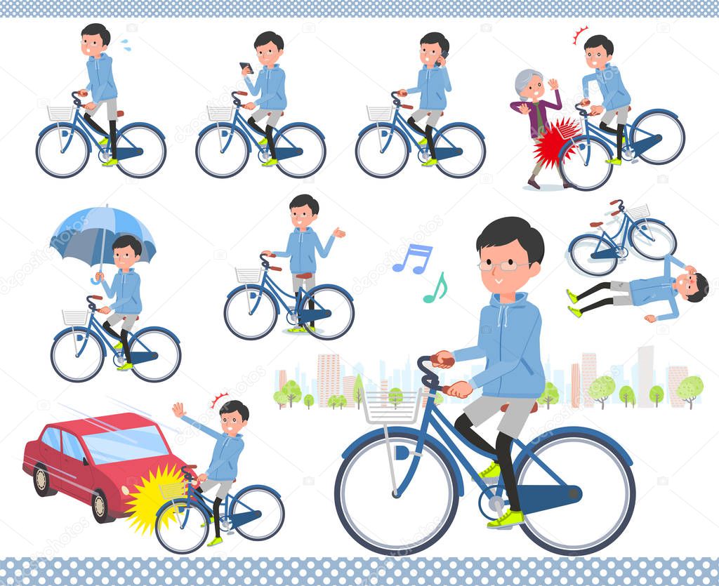 A set of men in sportswear riding a city cycle.There are actions on manners and troubles.It's vector art so it's easy to edit.