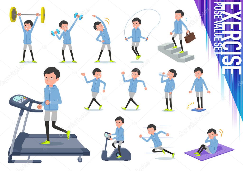 A set of men in sportswear on exercise and sports.There are various actions to move the body healthy.It's vector art so it's easy to edit.