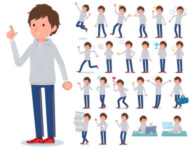 Kim çeşitli duygular ifade ile spor giyim erkeklerde kümesi. İşyerleri ve kişisel bilgisayarlar ile ilgili eylem vardır. Böylece düzenlemek kolaydır vektör sanat değil.