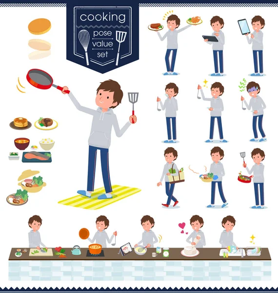Conjunto Hombres Ropa Deportiva Sobre Cooking Son Acciones Que Cocinan — Archivo Imágenes Vectoriales