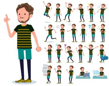 Orta yaşlı adam kim çeşitli duygular ifade ile spor giyim kümesi. İşyerleri ve kişisel bilgisayarlar ile ilgili eylem vardır. Böylece düzenlemek kolaydır vektör sanat değil.