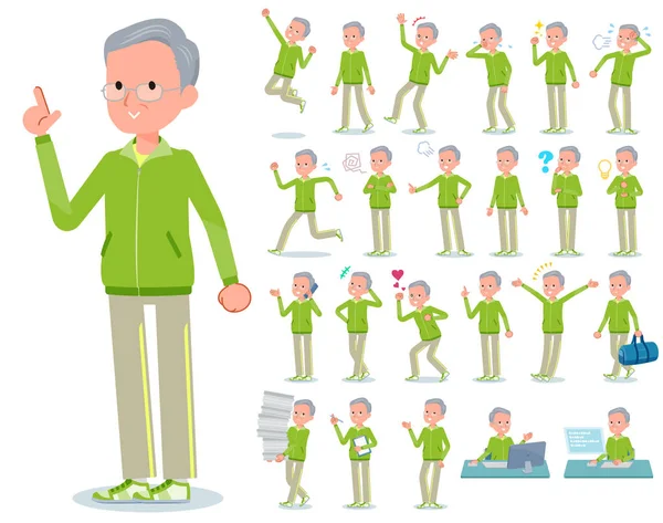 一套穿着运动服的老人 与他们表达各种情绪 有一些行动与工作场所和个人电脑有关 它是矢量艺术 所以很容易编辑 — 图库矢量图片