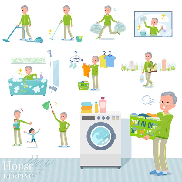 一套运动服装的老人与清洁和洗衣等家务有关 有各种行动 如抚养子女 它是矢量艺术 所以很容易编辑 — 图库矢量图片